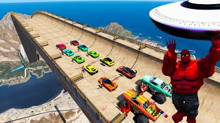 UFO Mega Ramp go to Mount Chiliad GTA V mod Red Hulk and friends Spiderman team Sportcars challenge