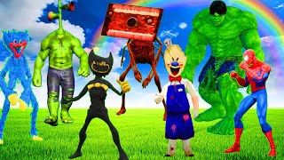 Siren head hulk and Bendy fight Cartoon CAt Huggy Wuggy Great mother megaphone and SCP monsters