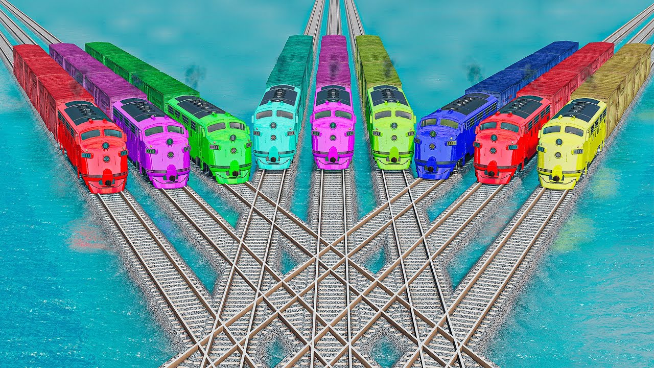 Triple Train Vs Colorful Quadruple Trains vs Impossible Rail Track Crossing Deepwater | BeamNG.drive