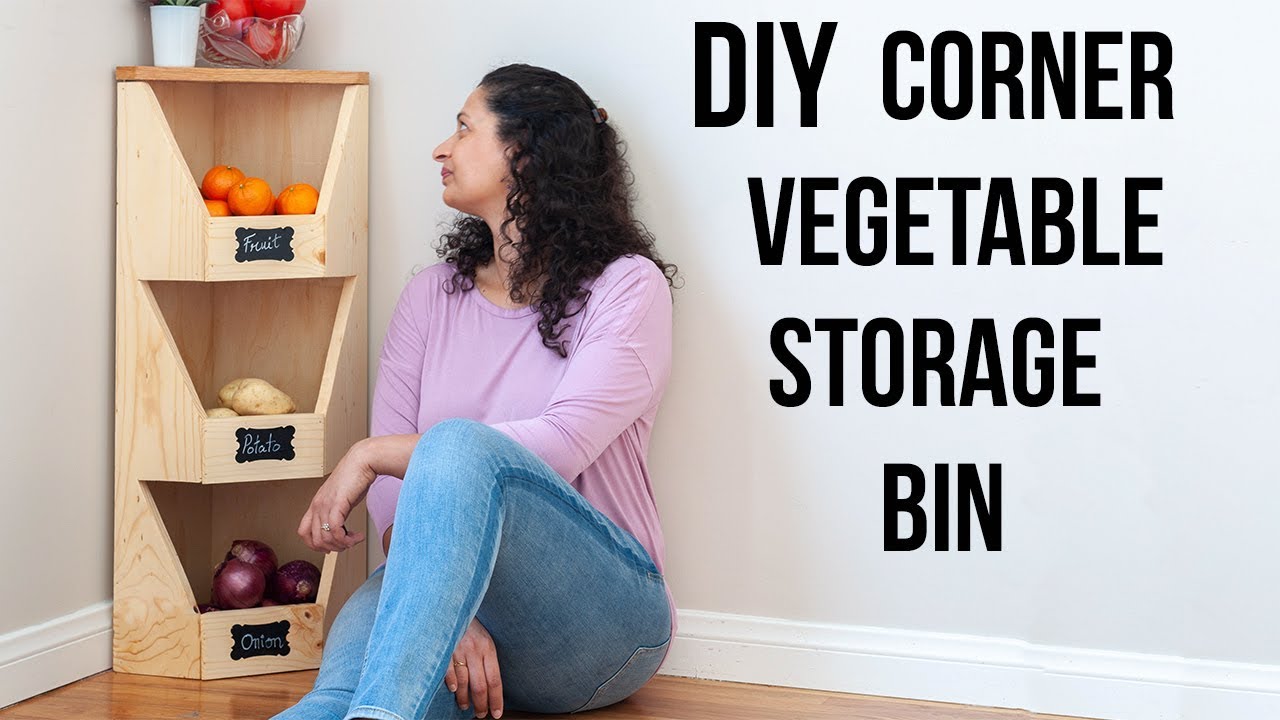 DIY Corner Vegetable Storage Bin - Anika's DIY Life  Vegetable storage bin,  Vegetable storage, Easy woodworking projects