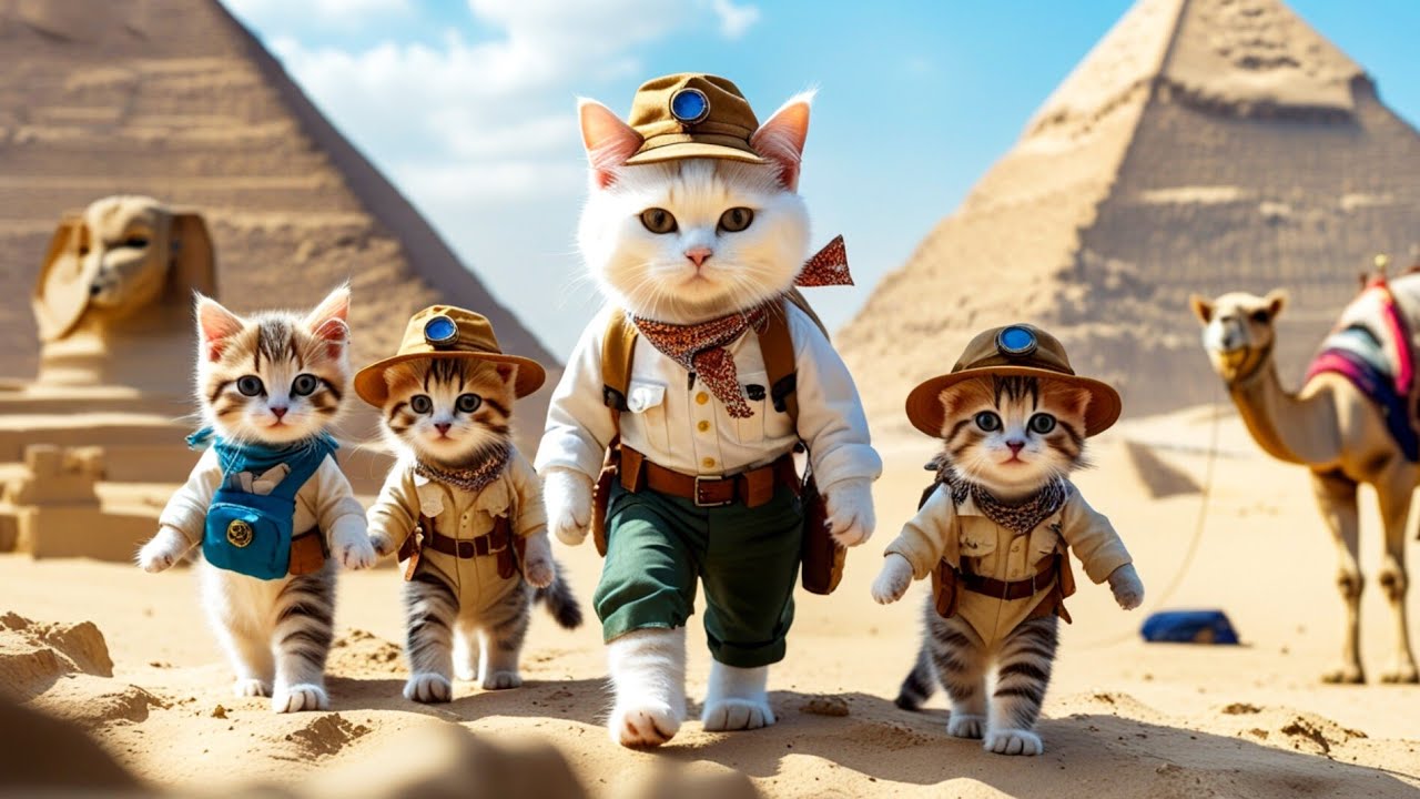 MoMy Cat and  Kittens adventure at the Giza Pyramid 🔥| 