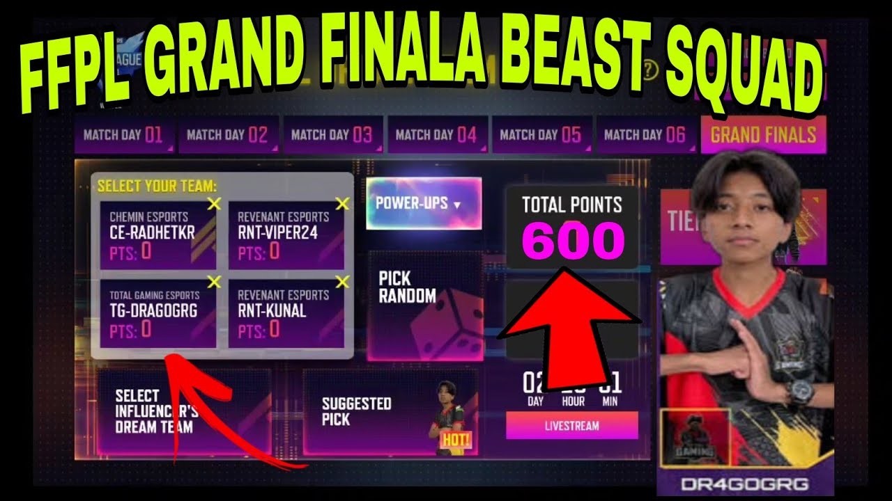 Day 7 ffpl final league dream team event 2022//team kaise select karna