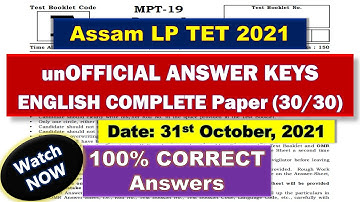 ANSWER Keys ENGLISH Question Paper (LP TET) of 31st October, 2021 || COMPLETE English paper (30/30)
