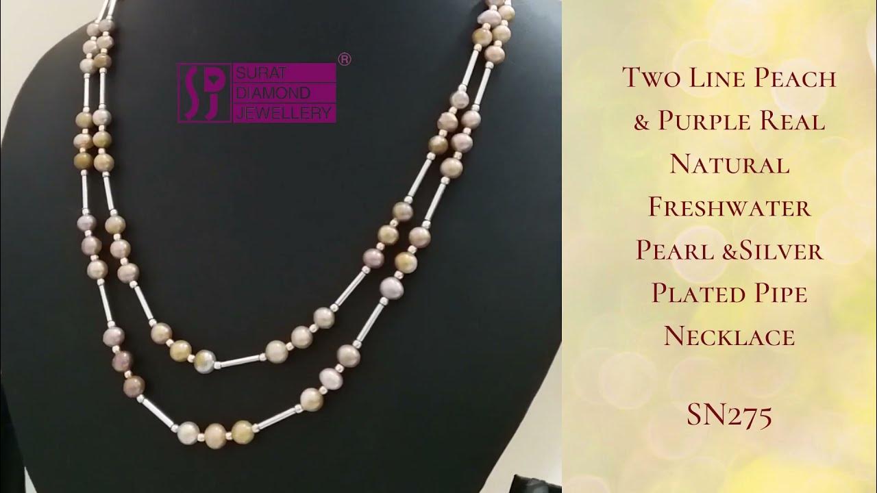 Two Line Peach and Purple Real Natural Freshwater Pearl and Silver ...