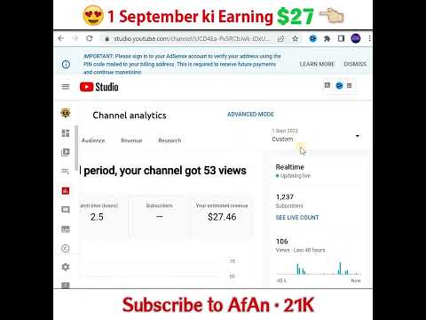 Youtube CPM work 1 September Earning | 2nd Channel RPM/CPM in Pakistan Part 2 | Youtube Revenue $27 | AfAn 21k