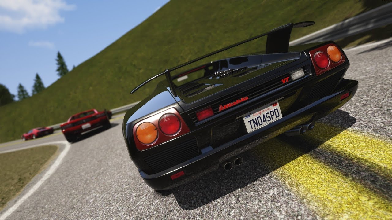 Assetto Mods: Lamborghini Diablo VT vs. Ferrari 512 TR at Highlands Long! sideways face