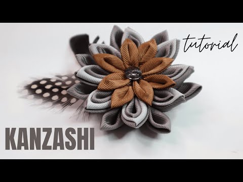 Kanzashi flower with feathers | kanzashi tutorial | fabric flower