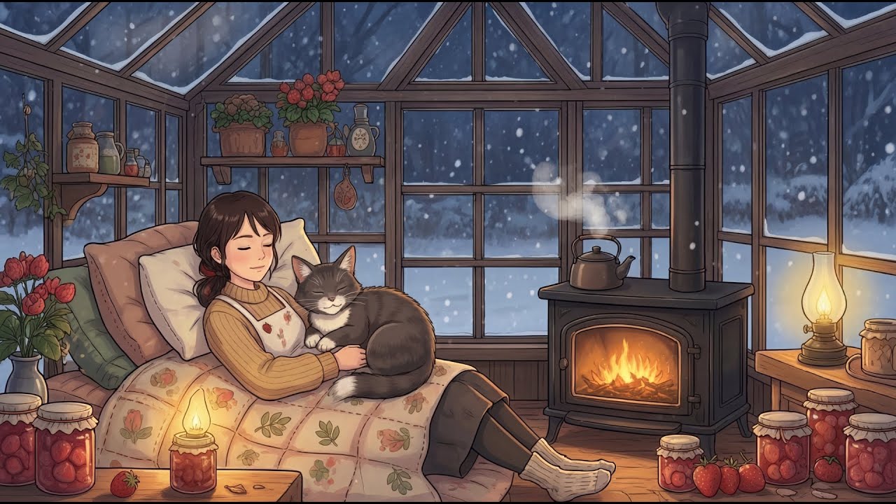 Blizzard Night in the Glass Greenhouse | Strawberry Jam, Warm Tea & Sleeping by the Stove | ASMR