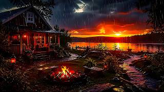 🔴No Ads | Fiery Golden Sunset Lakeside Cottage 🌅 | Cozy Rain, Stream & Campfire 🔥