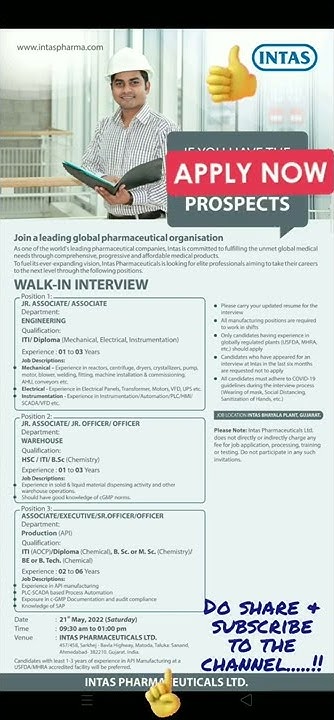 INTAS Pharma Jobs BSc Chemistry Jobs 2022 MSc Chemistry Jobs ITI Jobs intas-pharma-jobs-bsc-chemistry-jobs-2022-msc-chemistry-jobs-iti-jobs