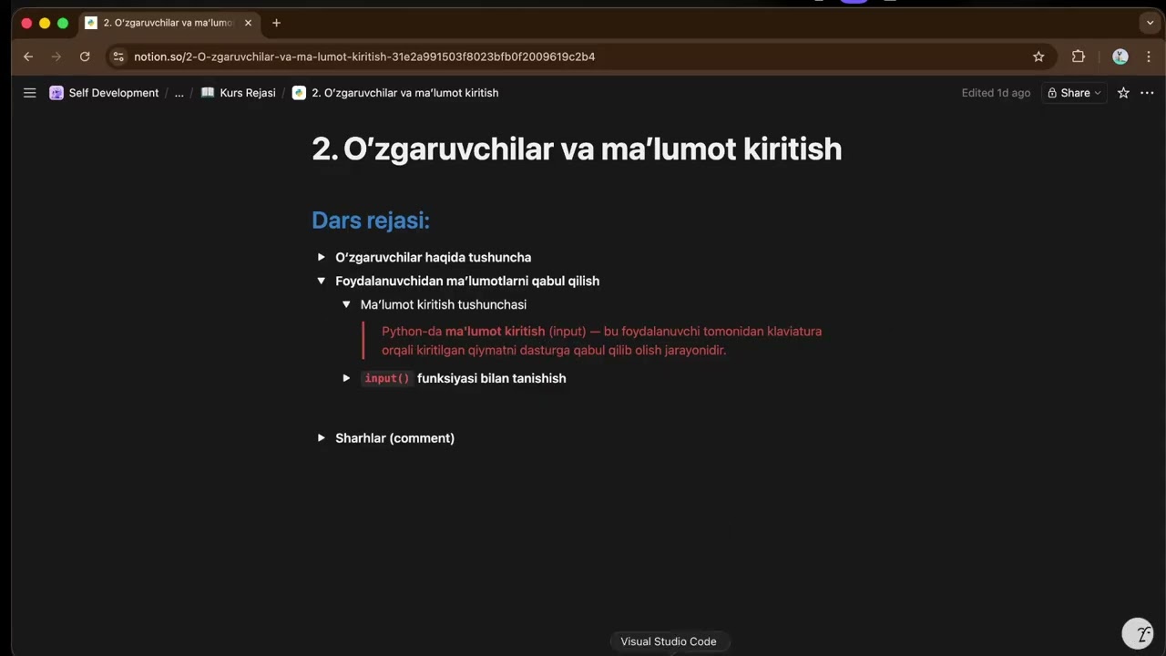 Python Asoslari | 2. O’zgaruvchilar va ma’lumot kiritish