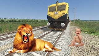 Lion & Baby Stops The High - Speed Train and escapes in Train - BeamNG.Drive - Funny Cartoon