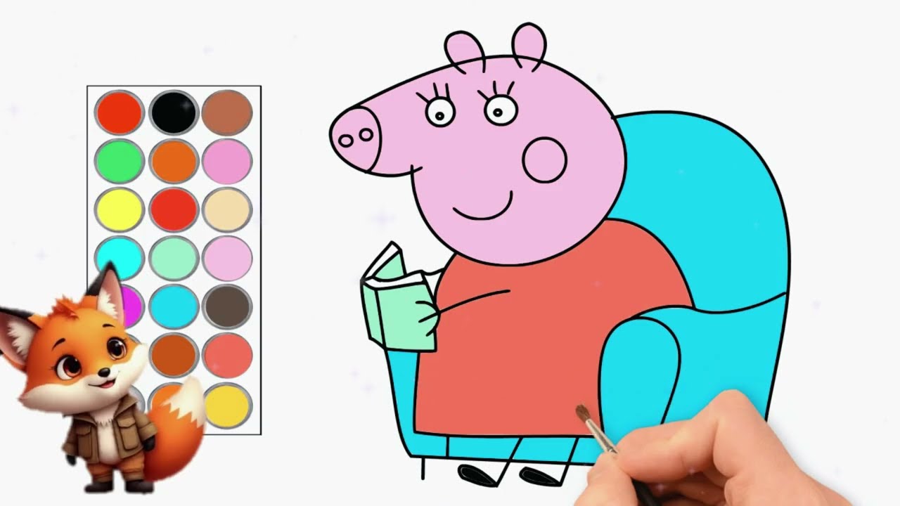 How to draw and color Mama Pig reading a book - YouTube