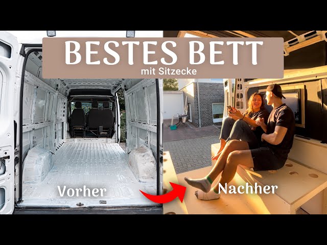 Bett und Sitzecke im Camper  Van Ausbau • Abenteuer Vanlife