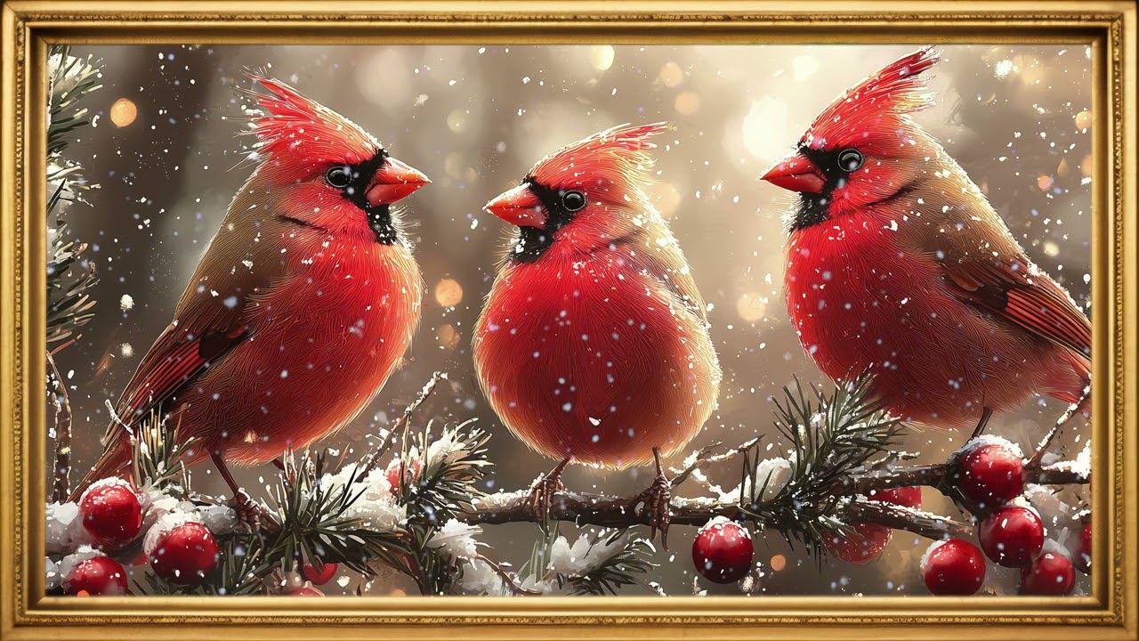 Winter Cardinals on Holly Branch | Frame TV Christmas Screensaver in 4K | 10 Hours - No Sound