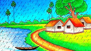 How to draw a scenery of Rainy season step by step {very easy} Rainy season drawing | Easy drawing