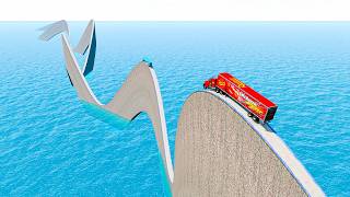 Mack Truck vs King Dinoco Truck vs Impossible Deep Wave Bridge Vs Deep Water - BeamNG.Drive screenshot 1