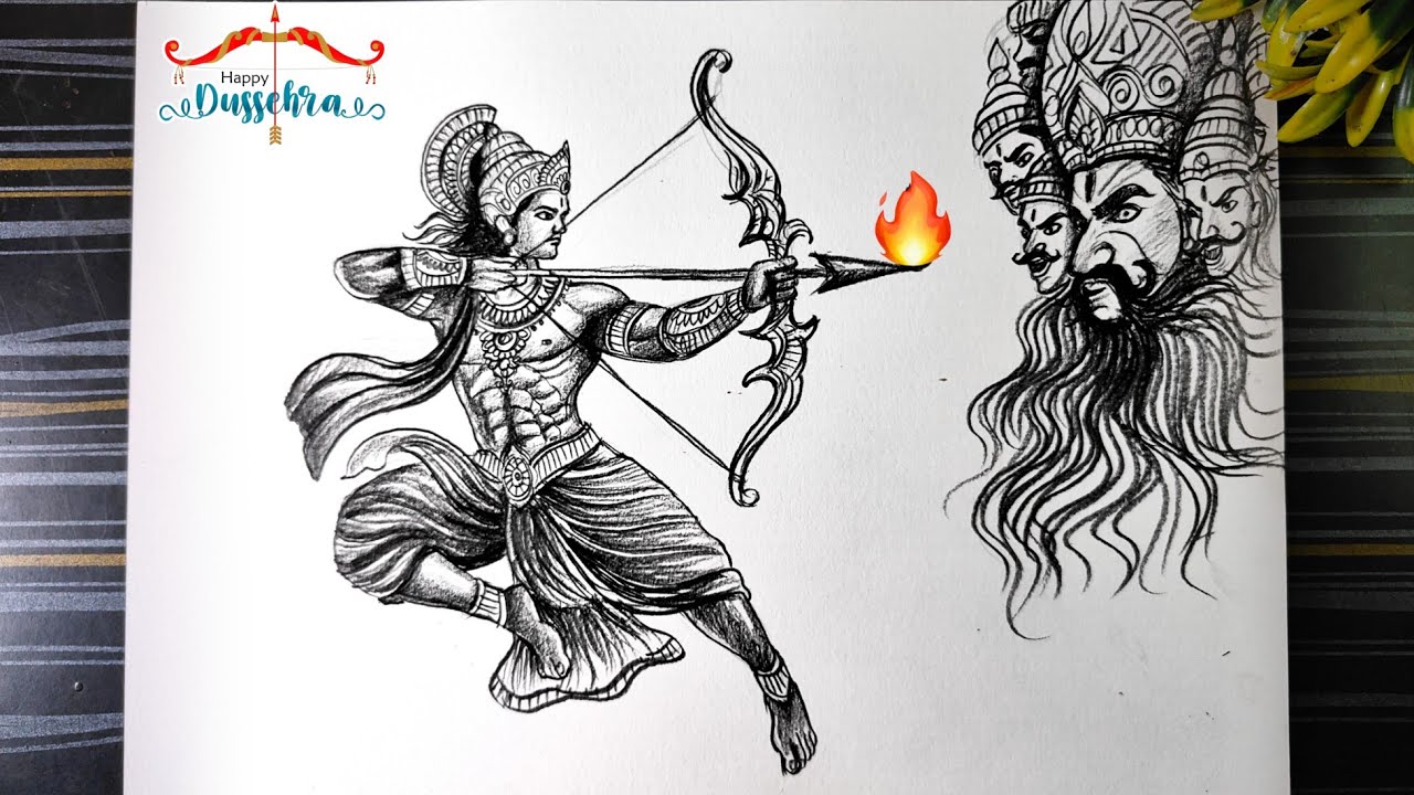 Dussehra Scenery Drawing Pencil, Happy Dusshera Drawing, Ravan Vadh ...