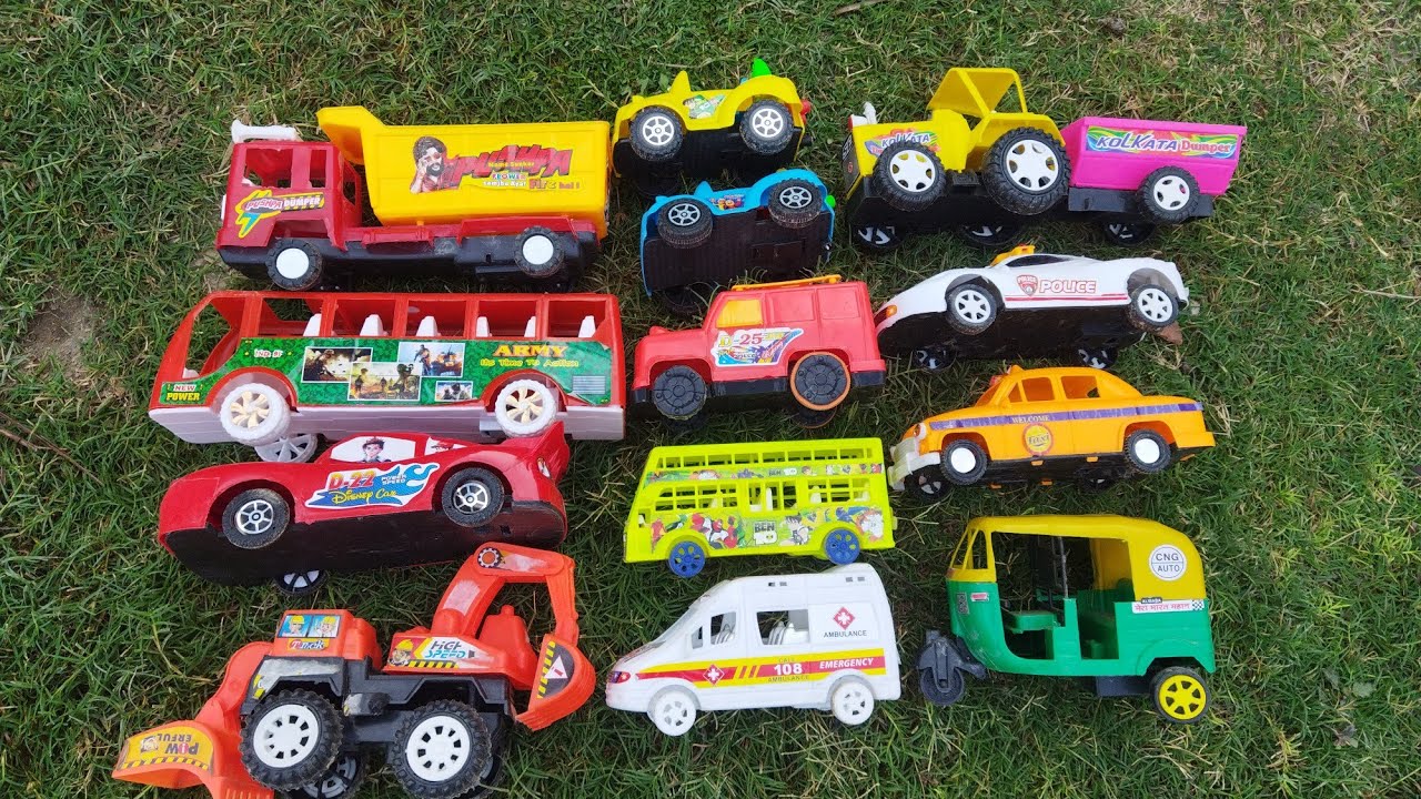 satisfying toy, ato rickshaw, tractor, police car, racing car, track