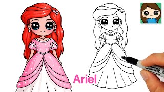 How to Draw Little Mermaid Ariel in Pink Human Princess Dress