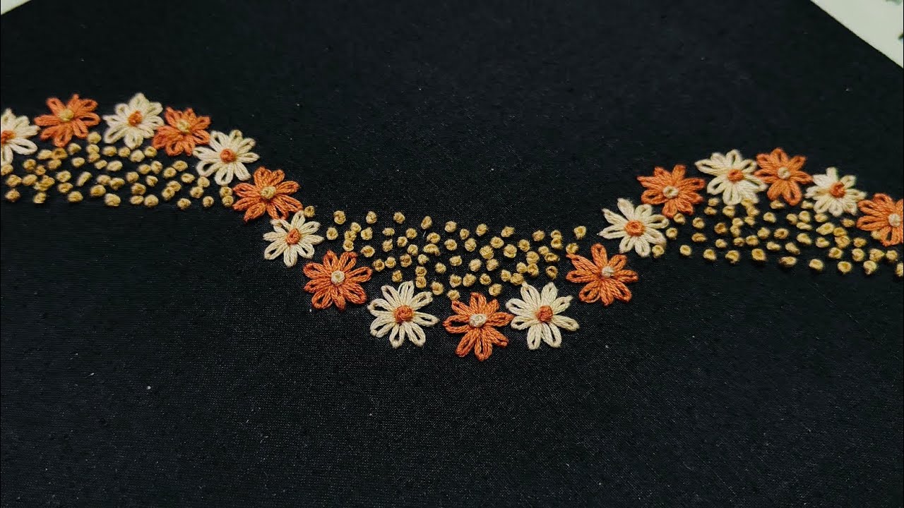 very simple but elegant border line #lazy daizy stitch & french knot #embroidery for beginners