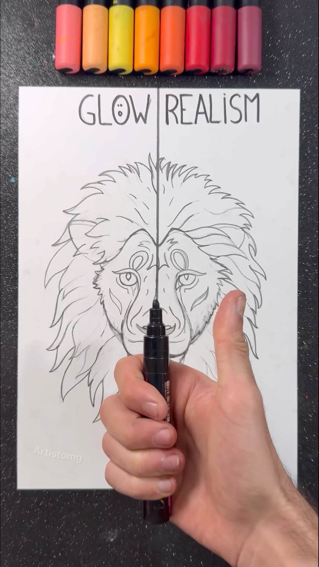 Drawing a Lion with Glow VS Realism! ✍️✨? || What’s your Fav Technique?! ? #shortsart #lion #vs