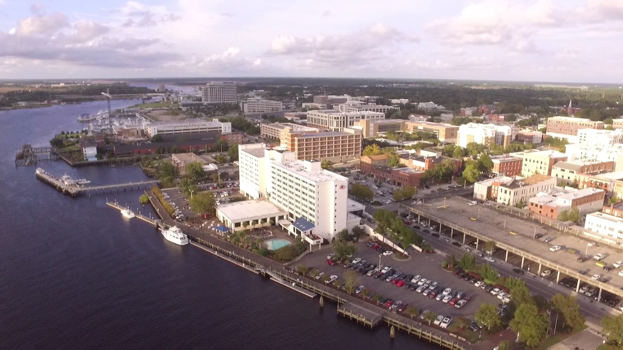 Aerial View of Downtown Wilmington, USS North Carolina, and Cape Fear ...