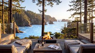 Cozy Golden Hour Ambience 🌊 | Oregon Coast Views, Fire & Soft Jazz (4K, 4 Hours) screenshot 4