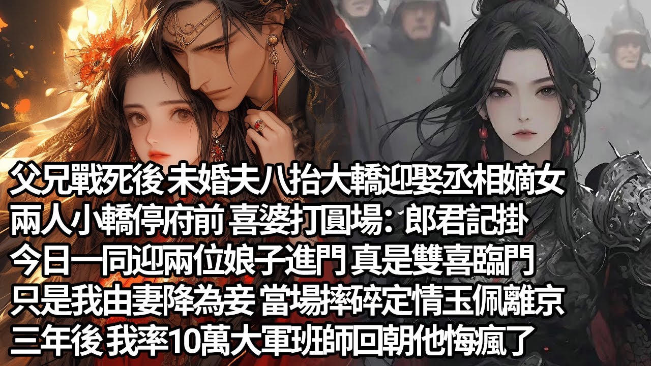 【一口氣看完】父兄戰死後 未婚夫八抬大轎迎娶丞相嫡女，兩人小轎停府前 喜婆打圓場：郎君記掛，今日一同迎兩位娘子進門 真是雙喜臨門，只是我由妻降為妾 當場摔碎定情玉佩離京，三年後 我班師回朝他瘋了