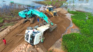 Dump Truck Drive Back Unloading Landslide Overturned  Recovery Dump Truck Stuck  Excavator Struck