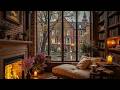 Spring Coffee Shop Ambience & Rainy Street ☕ Soft Jazz Music & Crackling Fireplace for Relaxation