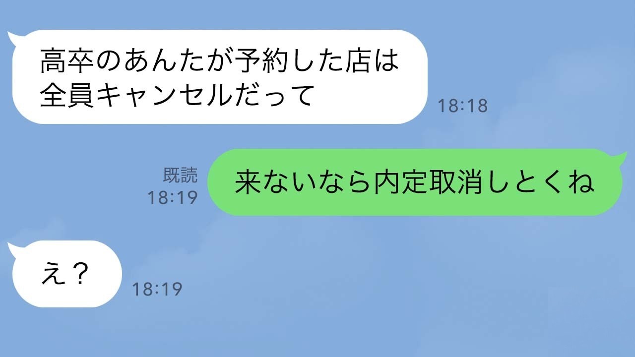 内定者パーティーで私だけ一人。「高卒が予約した店全員キャンセルだって」→私「来ないなら内定取り消しとくね」