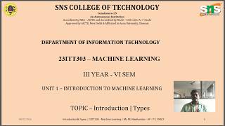 Leacture Video on Introduction to Machine Learning | SNS Institutions | M Manikandan AP