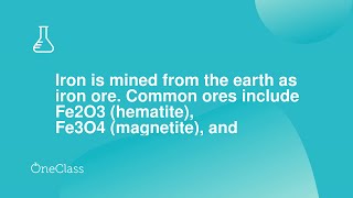 Iron is mined from the earth as iron ore. Common ores include Fe2O3 (hematite), Fe3O4 (magnetite), a