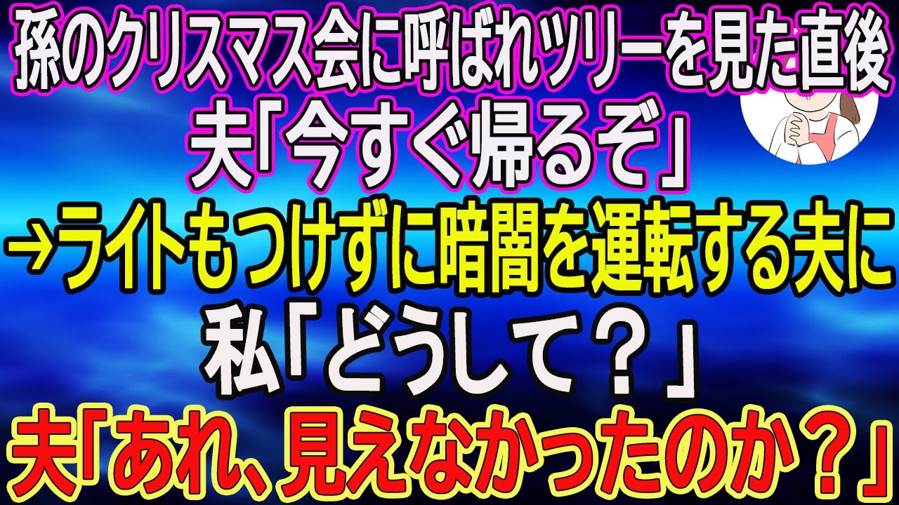 【スカッとする話】孫のクリスマス会に呼ばれツリーを見た直後、夫「今すぐ帰るぞ」→ライトもつけずに暗闇を運転する夫に私「どうして？」夫「あれ、見えなかったのか？」　【朗読】