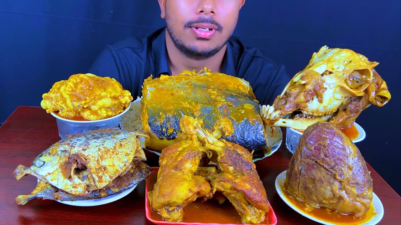 Eating Spicy Fish Curry,Beef Heart,Chicken Leg,Rupchanda Fish,Goat Head With Rice || Asmr Mukbong