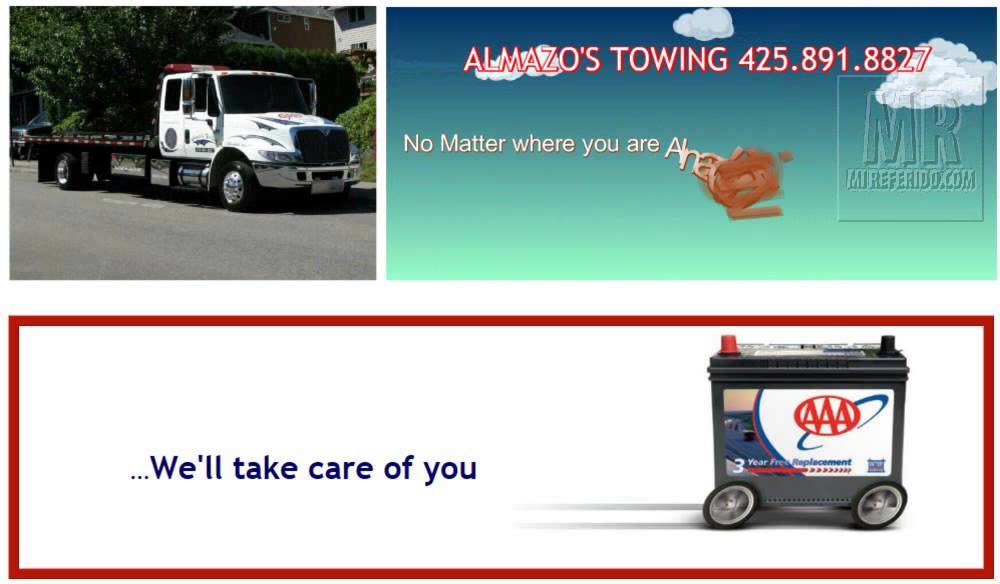 almazo's towing and road service battery replacement anywhere, anytime call 425.891.8827