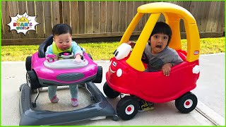 ryan car racing with baby emma and kate pretend play