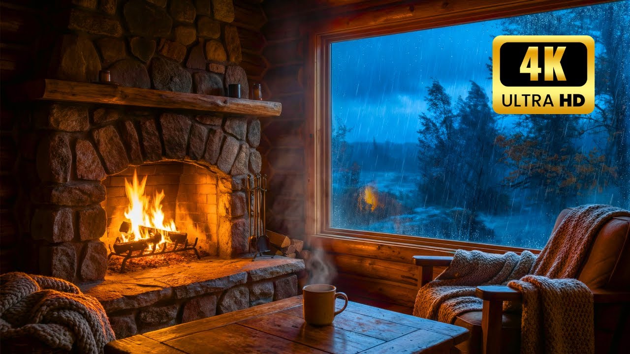 Cozy Cabin Ambience with Heavy Rain & Crackling Fireplace 🔥 2 Hours White Noise [4K]
