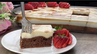 Cream Cheese Custard Topped Chocolate Cake ll كيكة شوكلاتة اسفنجية  سهلة ولذيذة بمكونات في كل بيت