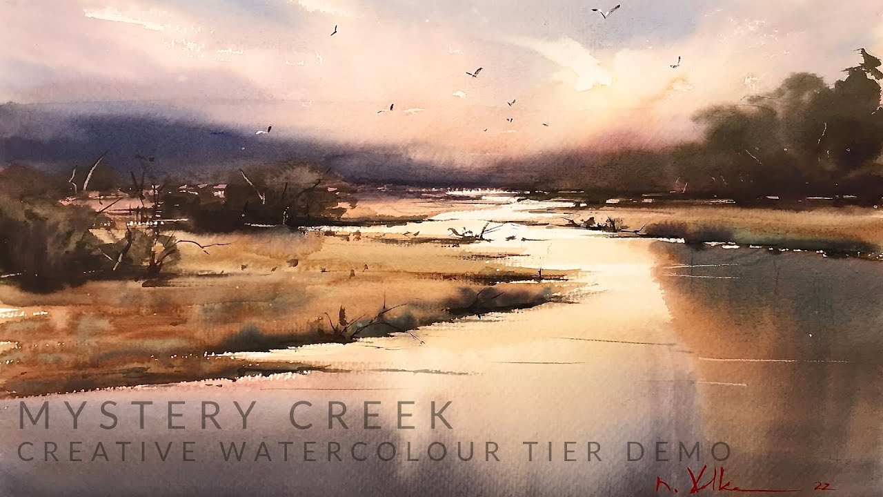 Watercolor Painting Simple Landscape Sunset and Water Reflection Loose ...