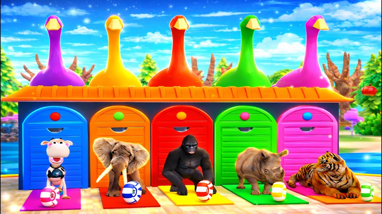 Long Slide Game with Cow Elephant Gorilla Hippopotamus Tiger 3d Animal Game Funny 3d Animals