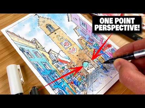 Urban Sketching Tutorial Step By Step - Street In ONE POINT PERSPECTIVE!
