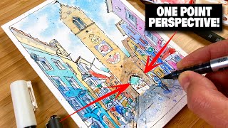 Urban Sketching Tutorial Step By Step - Street In ONE POINT PERSPECTIVE!