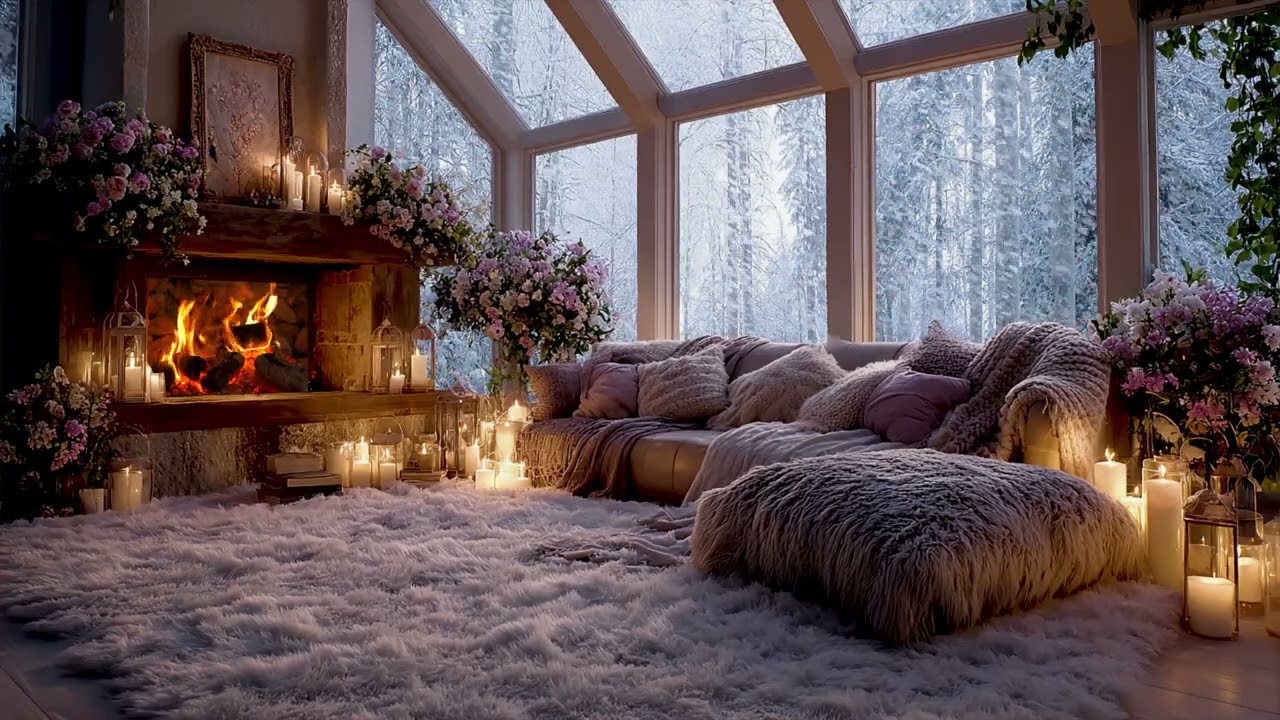 Winter Snow Cabin Ambience | Soft Wind, Warm Fireplace Night for Deep Sleep & Relaxation ❄️🔥🌙