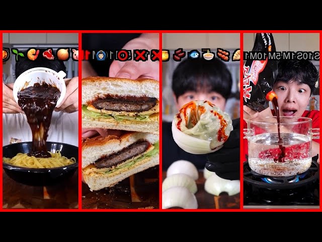 ASMR MUKBANG FIRE NOODLES CHICKEN SAUSAGE BURGER (NO BGM)