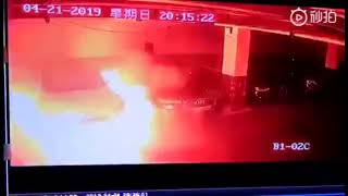 Tesla model s caught on fire underground car park in Shanghai, China