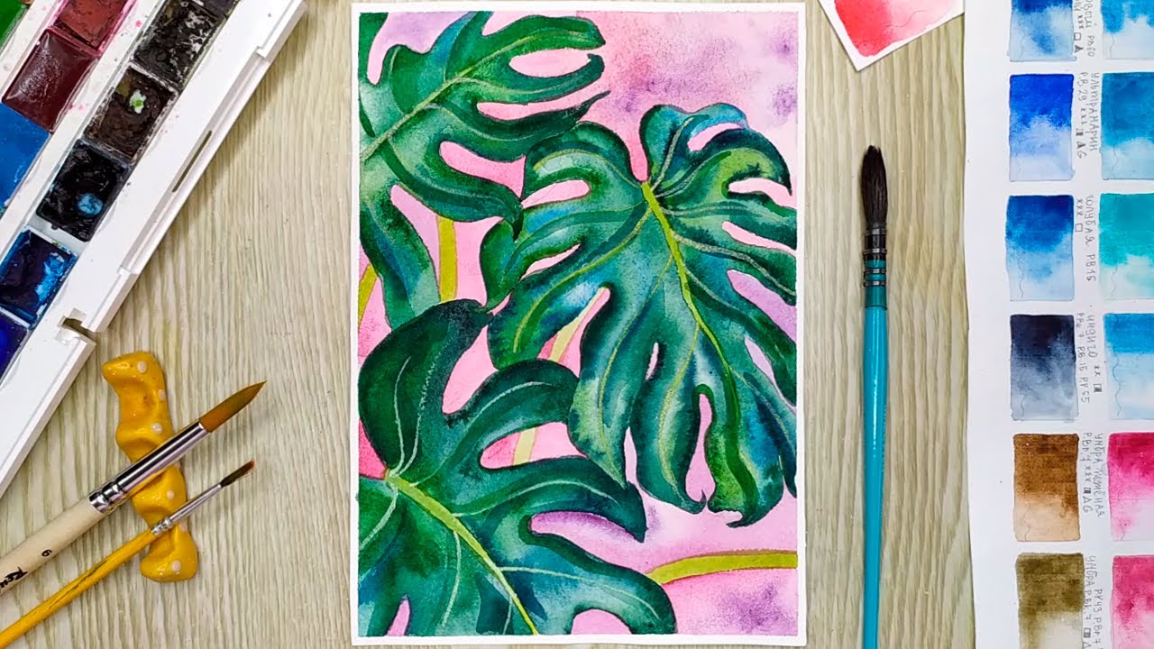 Лист монстеры рисунок акварелью поэтапно