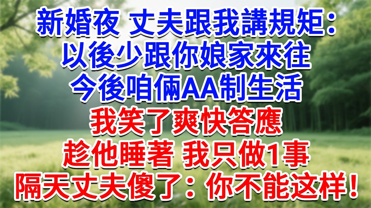 新婚夜丈夫跟我講規矩：以後少跟你娘家來往，今後咱倆AA制生活，我笑了爽快答應，趁他睡著我只做1事，隔天丈夫傻了：你不能能這樣！#為人處世#生活經驗#情感故事#故事#小說#戀愛#情感#婚姻