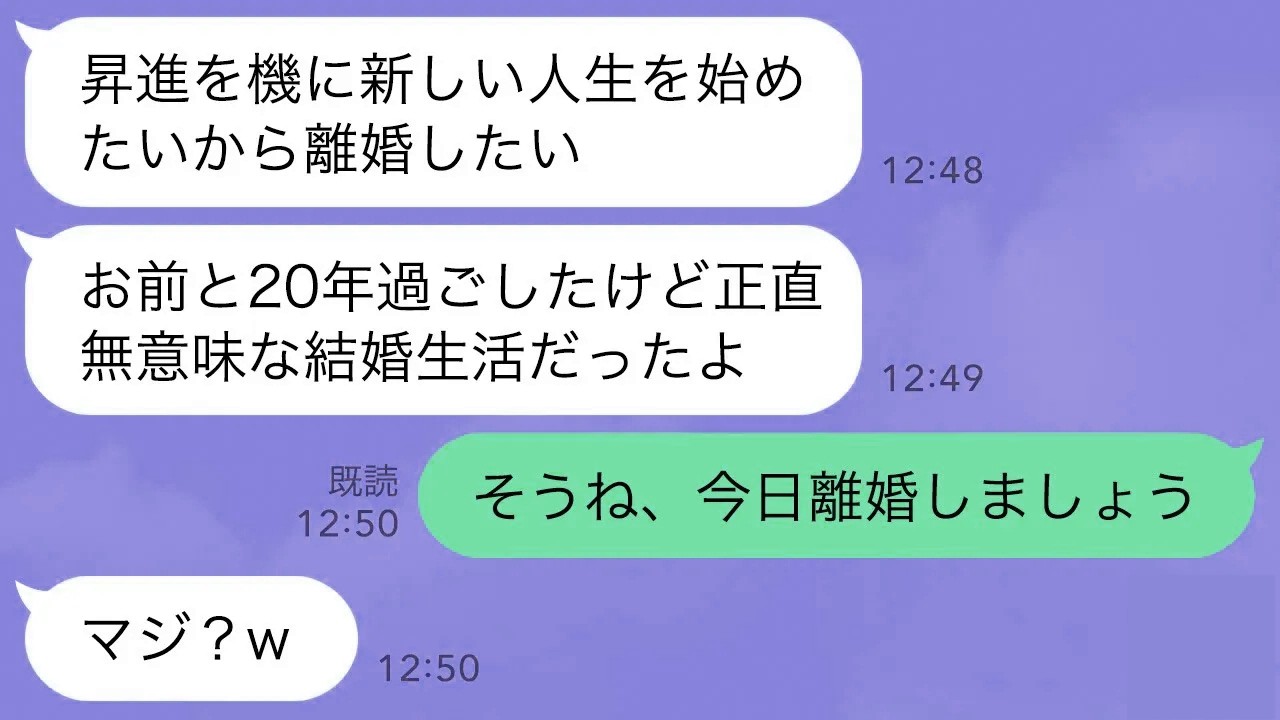 【LINE】部長昇進と同時に20年連れ添った私を捨てる夫「エリートの俺に相応しい女と結婚するw財産分与もしない」→お望み通り即離婚したら調子に乗りすぎて降格した結果www